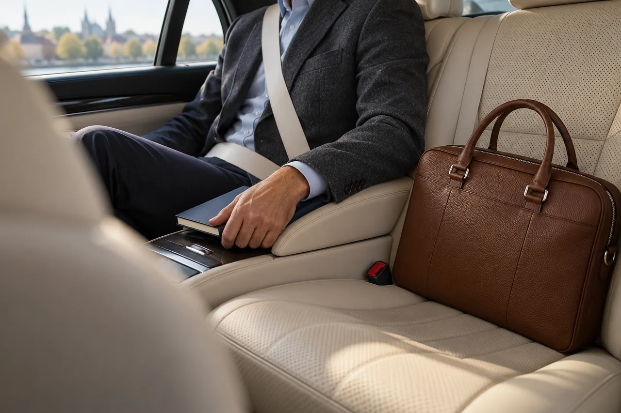 Business traveler with a brown leather briefcase in a cream leather rear cabin
