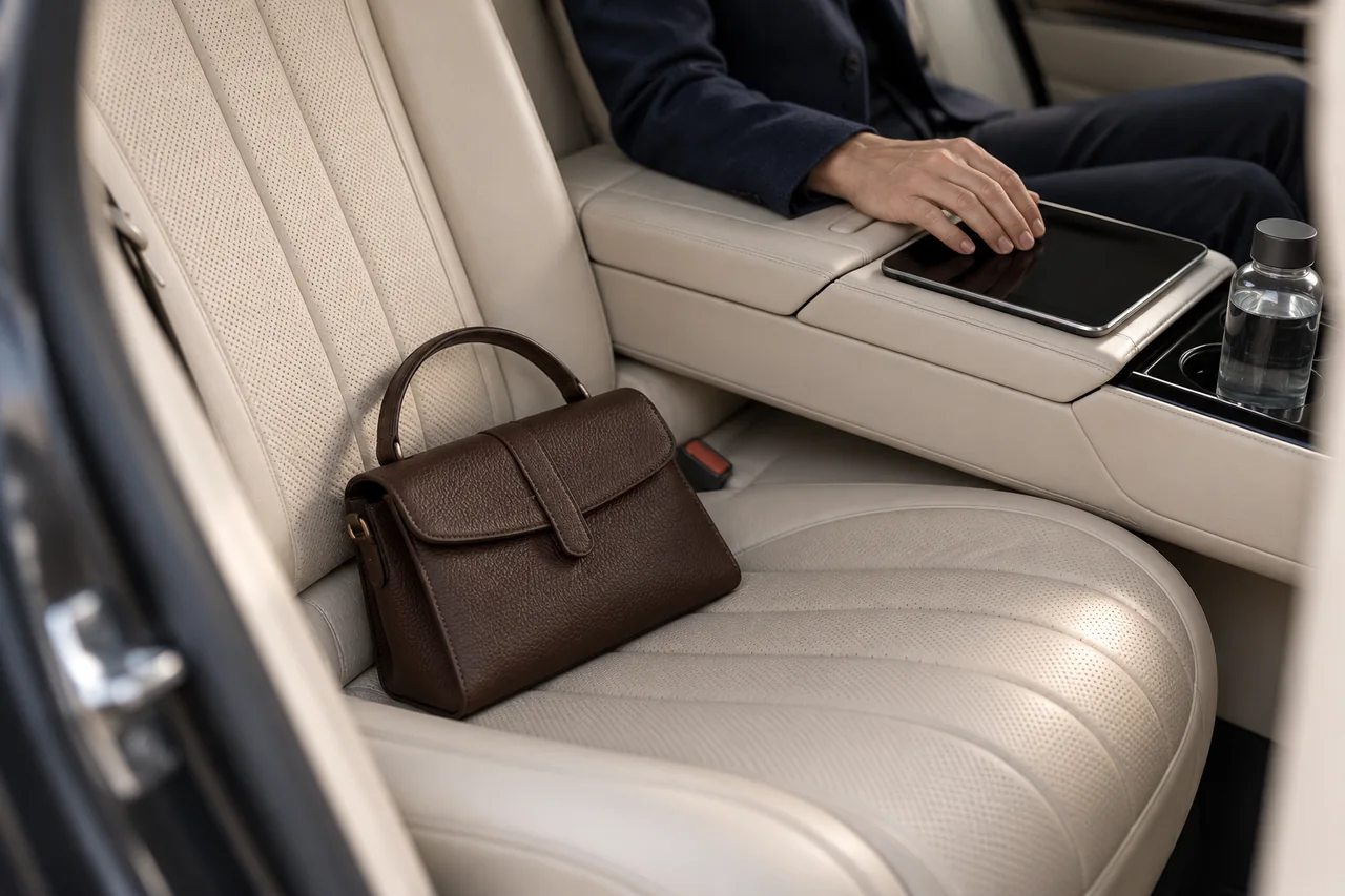 Cream leather rear cabin with a handbag, tablet and water bottle